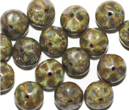 Olive Green Picasso Dimple Czech Pressed Glass Beads 9x12mm pk/16