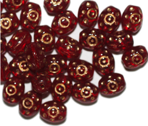 Ruby Gilded Oval Czech Pressed Glass Beads 10mm pk/30