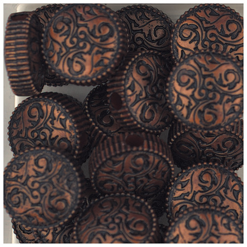 18mm Carved Disc Copper Metalized Plastic Beads Pk/10