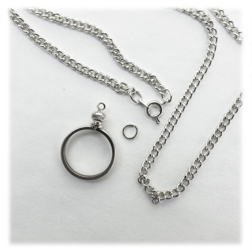 Coin Holder Bezel Dime US 10 Cent SilverTone Link Necklace 24" Chain Kit Parts
