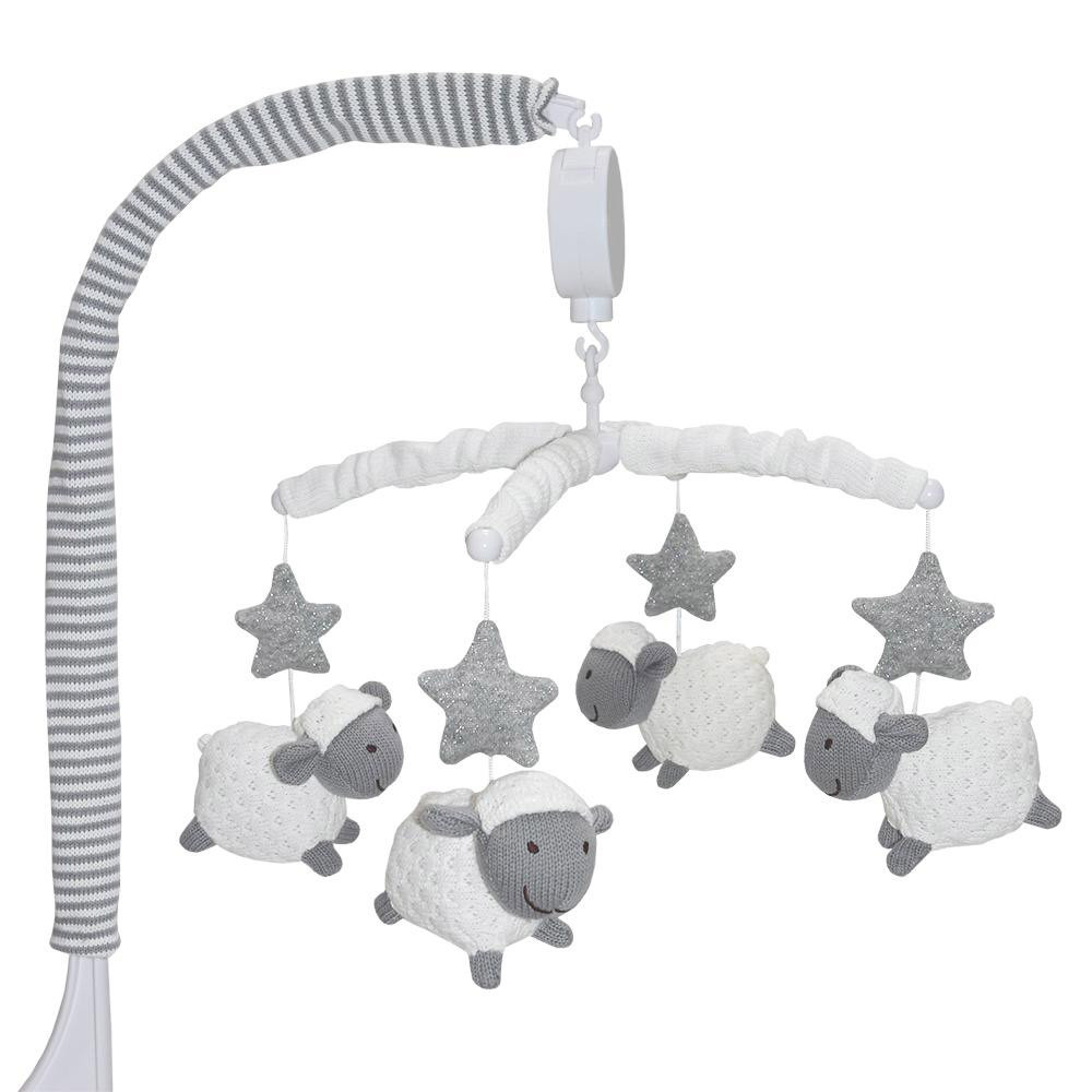 grey and white cot mobile