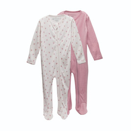 A clearcut image of 2 Sleep Store All Seasons Merino/Tencel Footed Zipsuits. Dusky Pink & Milk Hearts pack.