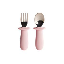 A clearcut image of the Nestling Baby Cutlery 2pk. A stainless steel and silicone set - spoon and fork - in the Dusty Pink colour.