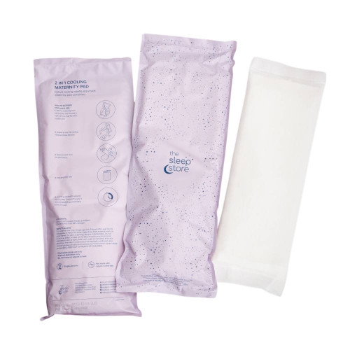 A clearcut image of The Sleep Store Postpartum Cooling Maxi Pads. 1 out of package, 2 packages showing front of the package and the other the reverse.