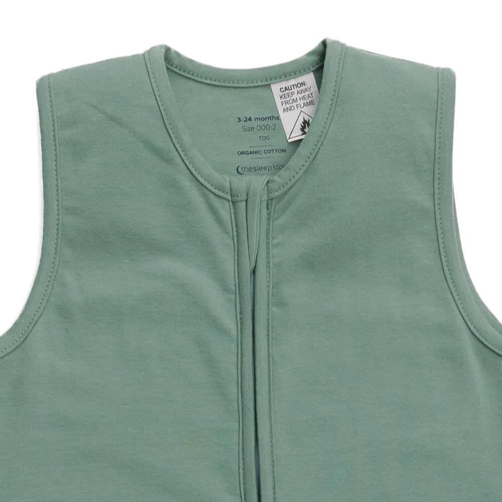 Detail of the zip garage and fire label on The Sleep Store Organic Cotton 1.0 tog Sleeping Bag