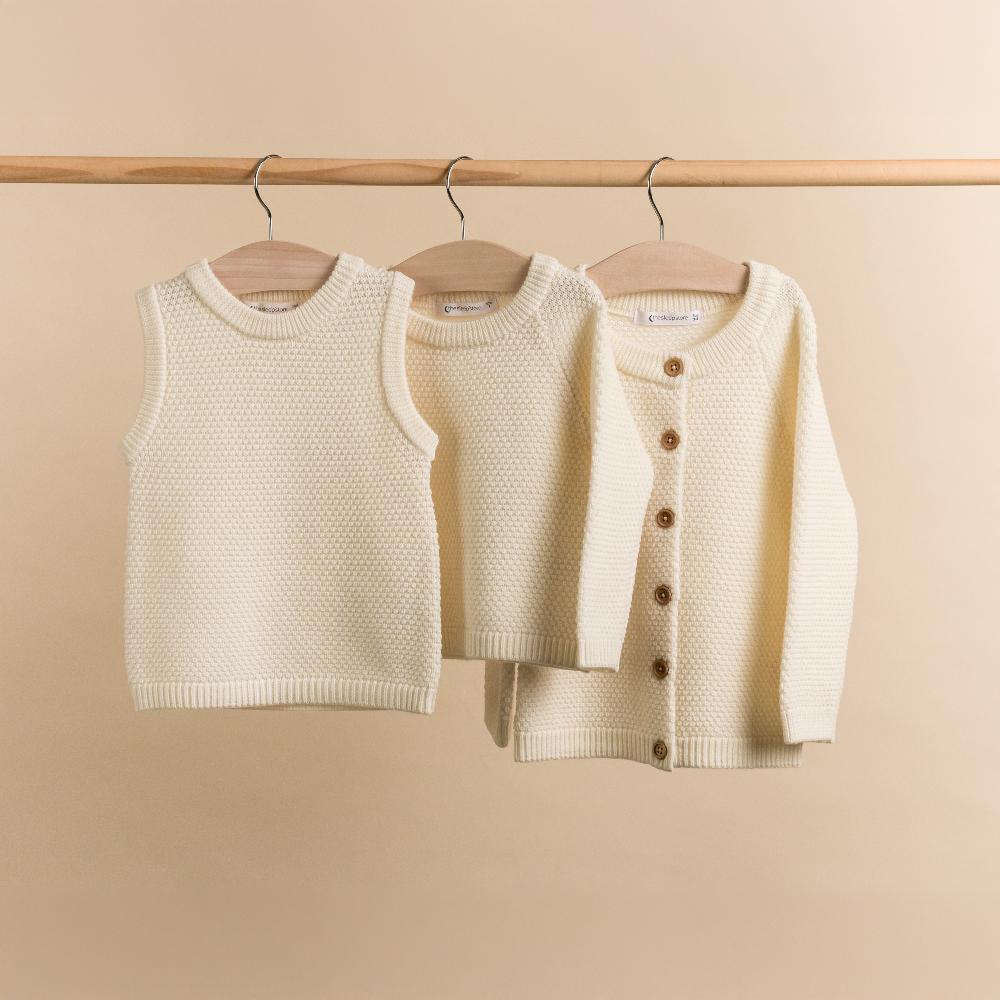 The Sleep Store Merino Knitwear range in Natural - Vest, Crew Jumper and Cardigan