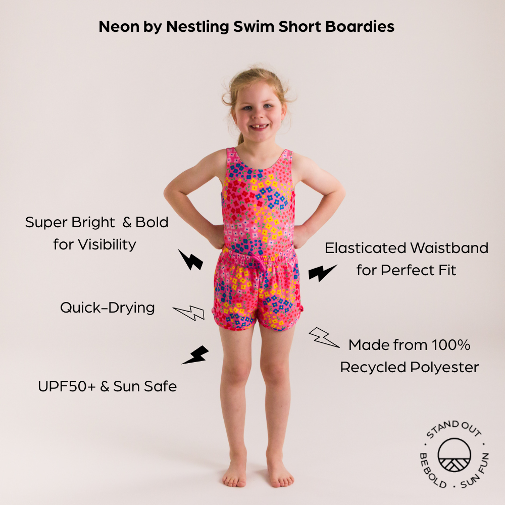 infographic with model wearing neon by nestling board shorts and swimmers