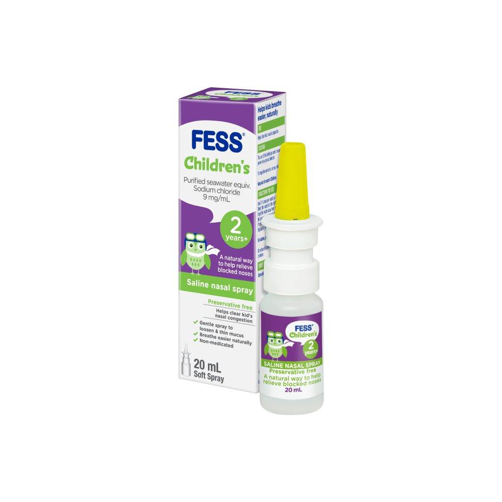 Bottle of FESS children's saline nasal spray with product box