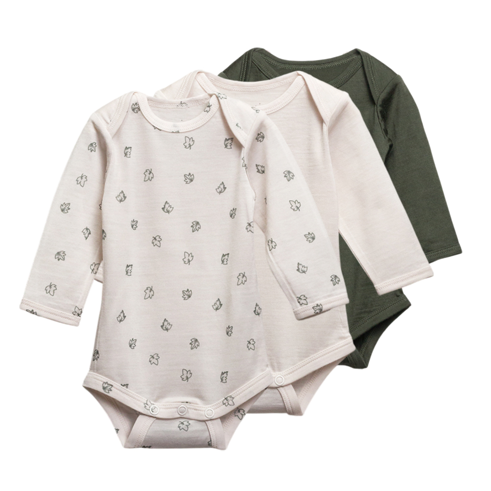 A clearcut image of 3 x The Sleep Store's All Seasons Merino/Tencel Long Sleeve Bodysuit in the colours Milk Leaf, Milk and Olive.