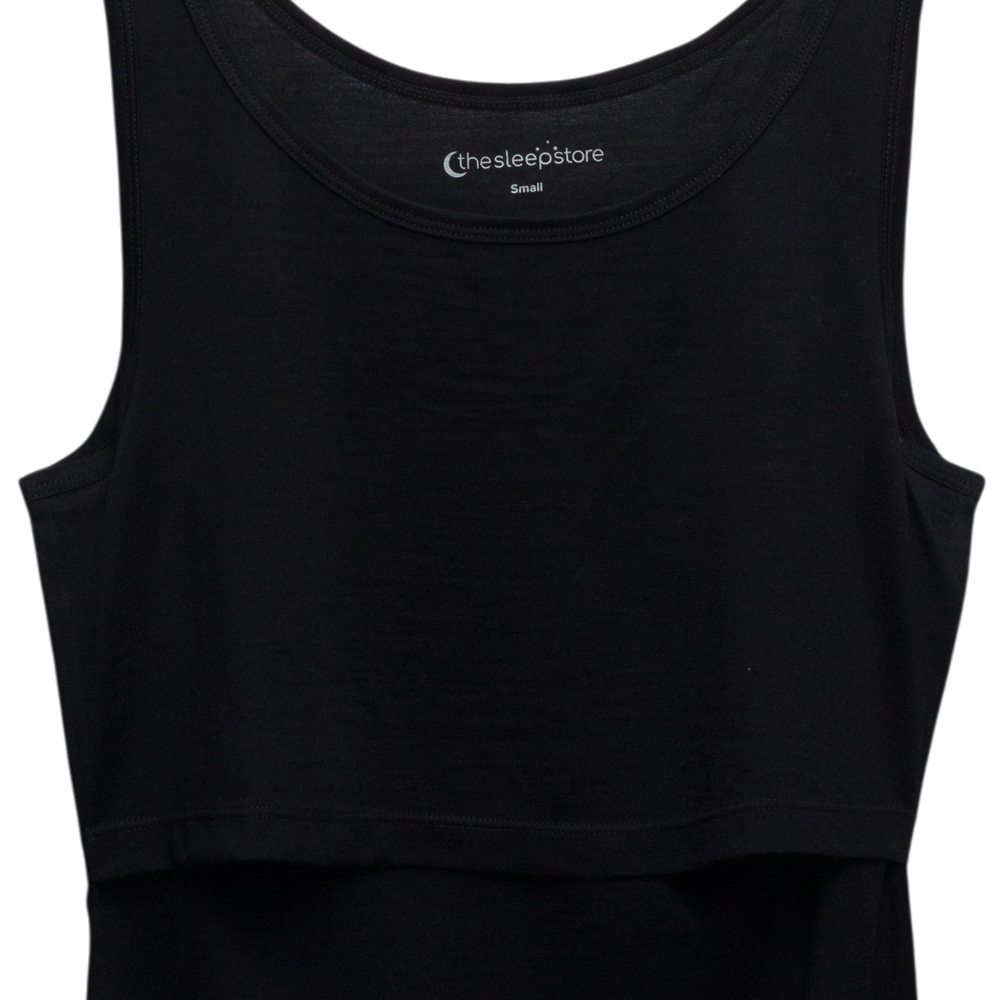 Close up image of the neckline of The Sleep Store All Seasons Merino/Tencel Breastfeeding Singlet in the colour Black.