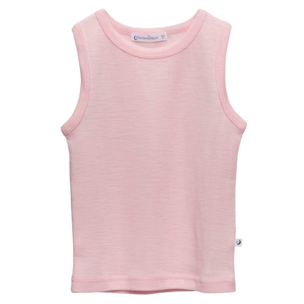 A clearcut image of the Sleep Store Deluxe New Zealand Merino Wool Kids Singlet in the colour Blush.
