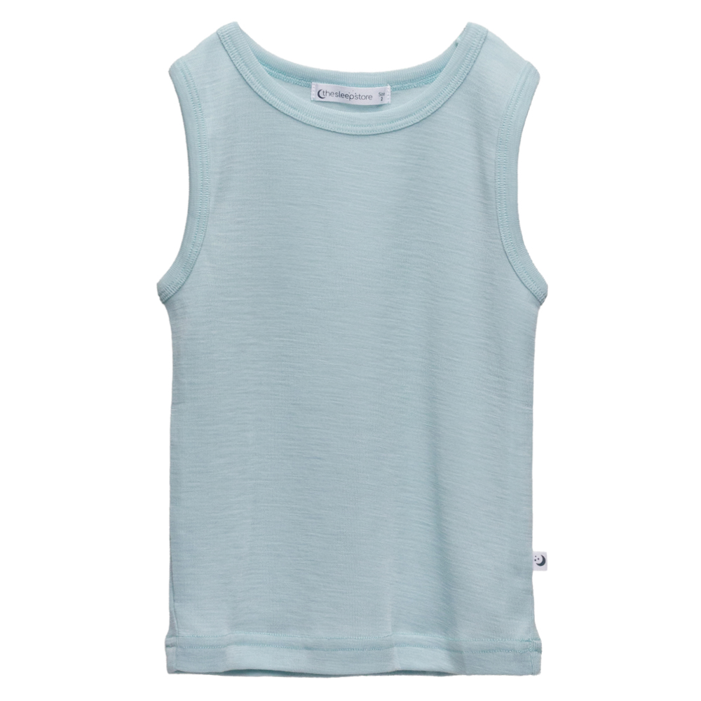 A clearcut image of the Sleep Store Deluxe New Zealand Merino Wool Kids Singlet in the colour Soft Sky.