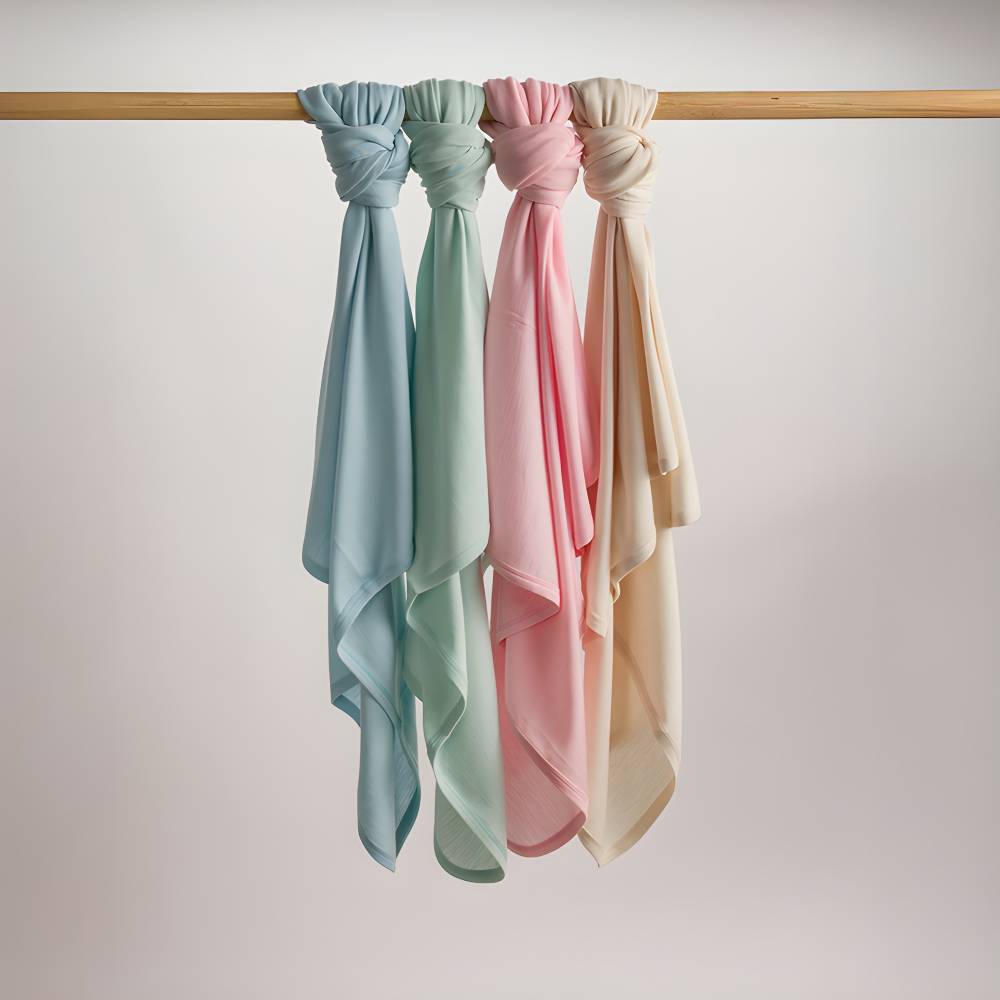 Hanging shot of 4 x Sleep Store Deluxe New Zealand Merino Wool Baby Swaddle Blankets - from left to right - Soft Sky, Sage, Blush and Ecru.
