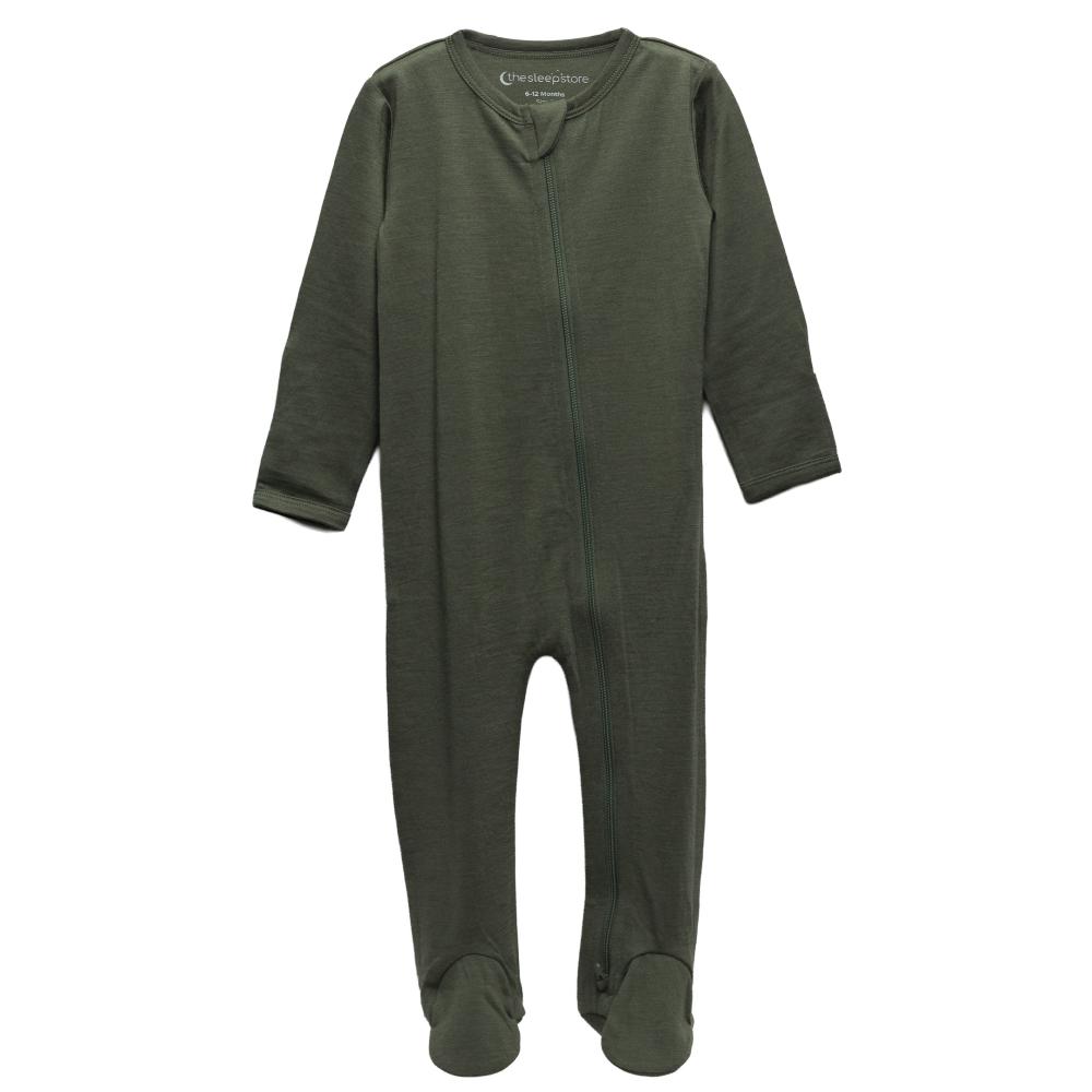 A clearcut image of The Sleep Store All Seasons Merino/Tencel Footed Zipsuit. Olive.