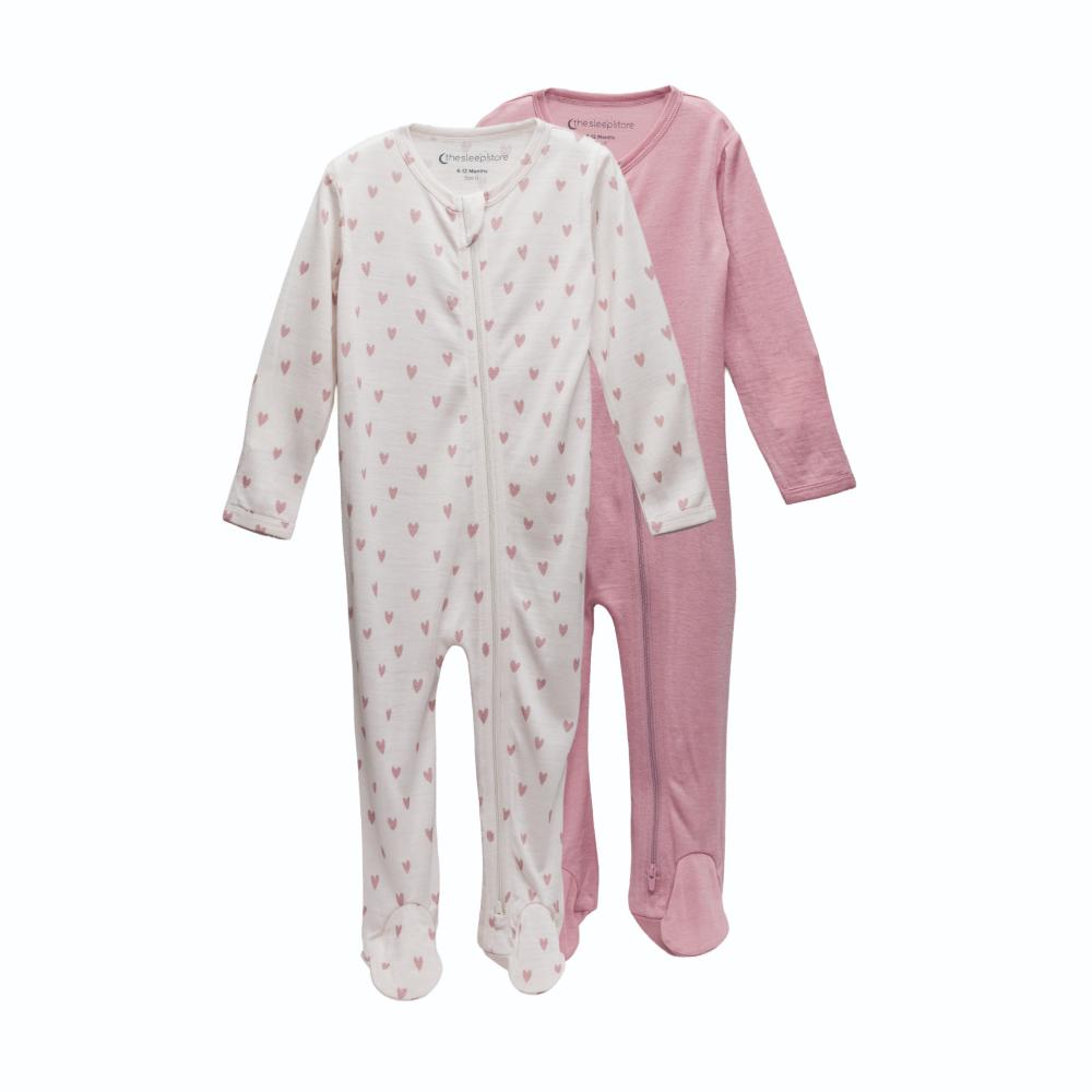 A clearcut image of 2 Sleep Store All Seasons Merino/Tencel Footed Zipsuits. Dusky Pink & Milk Hearts pack.