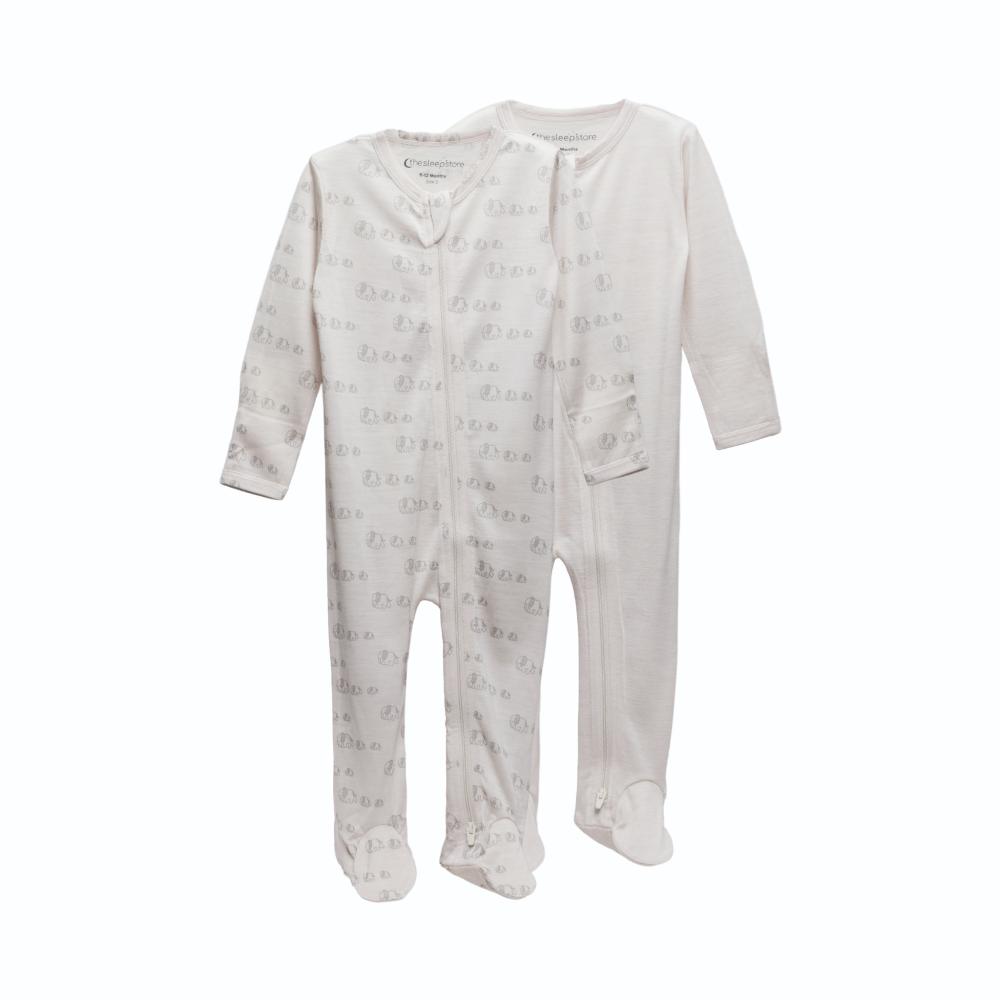 A clearcut image of 2 Sleep Store All Seasons Merino/Tencel Footed Zipsuits. Milk and Milk Elephants.