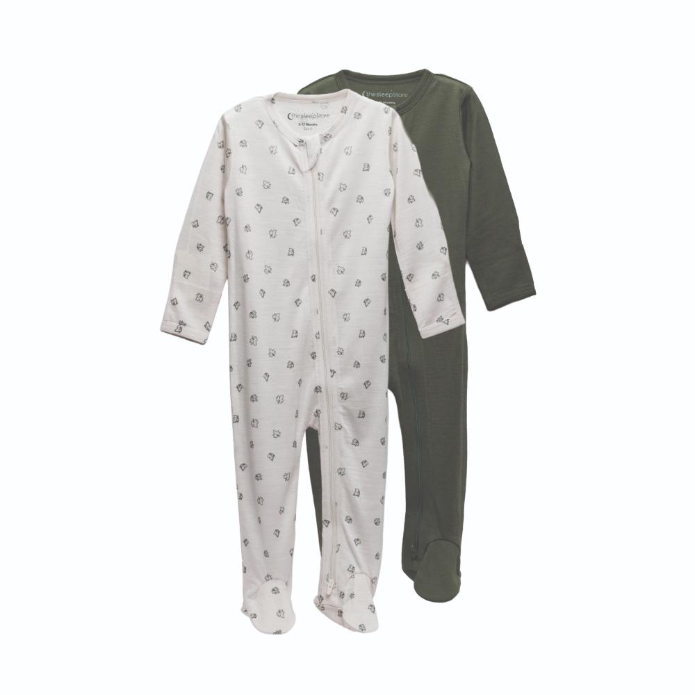 A clearcut image of 2 Sleep Store All Seasons Merino/Tencel Footed Zipsuits. Olive and Milk Leaf.