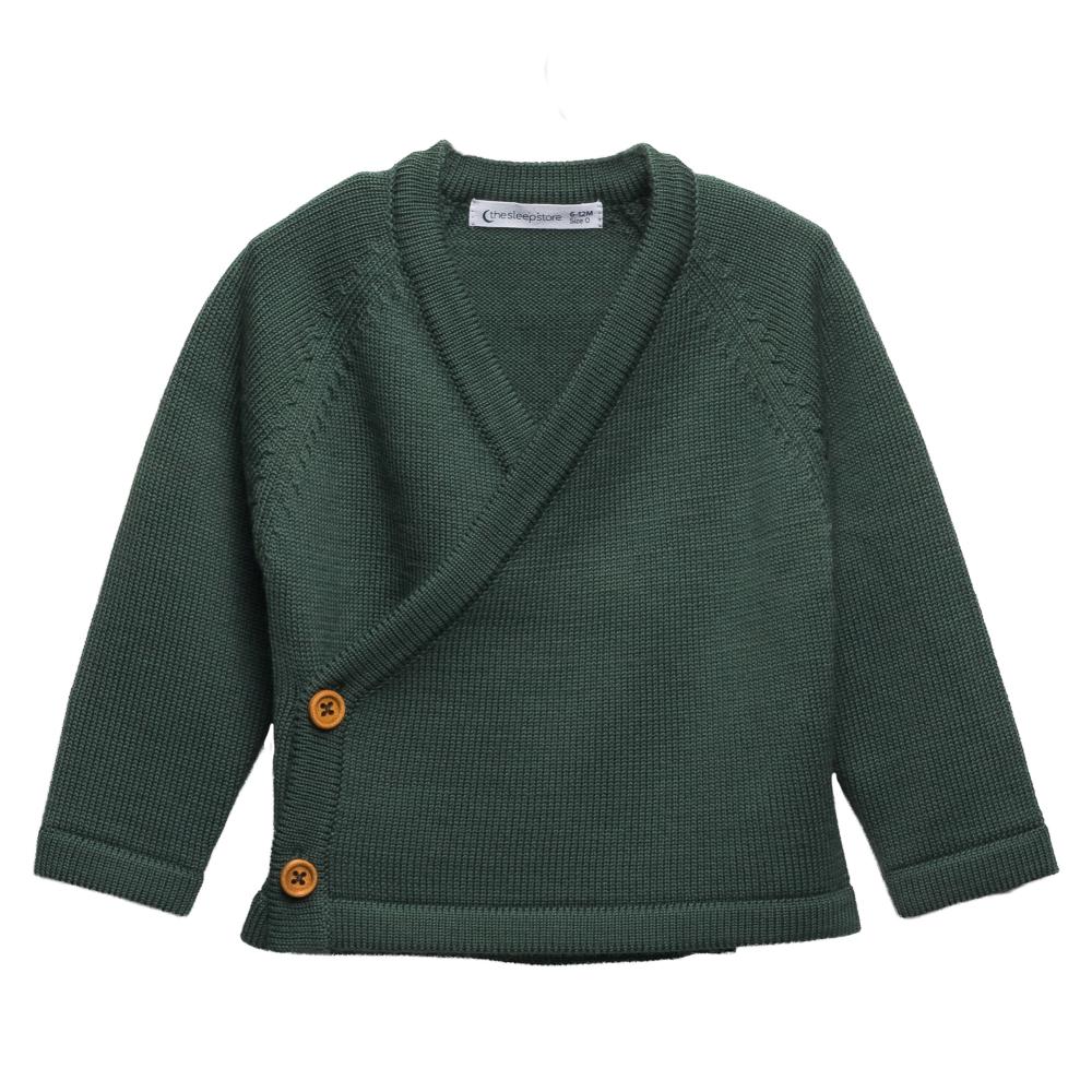 A clearcut image, front view of The Sleep Store Merino Knitwear Kimono Cardigan in Dark Green.