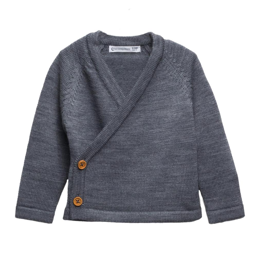 A clearcut image, front view of The Sleep Store Merino Knitwear Kimono Cardigan in Grey Marl.