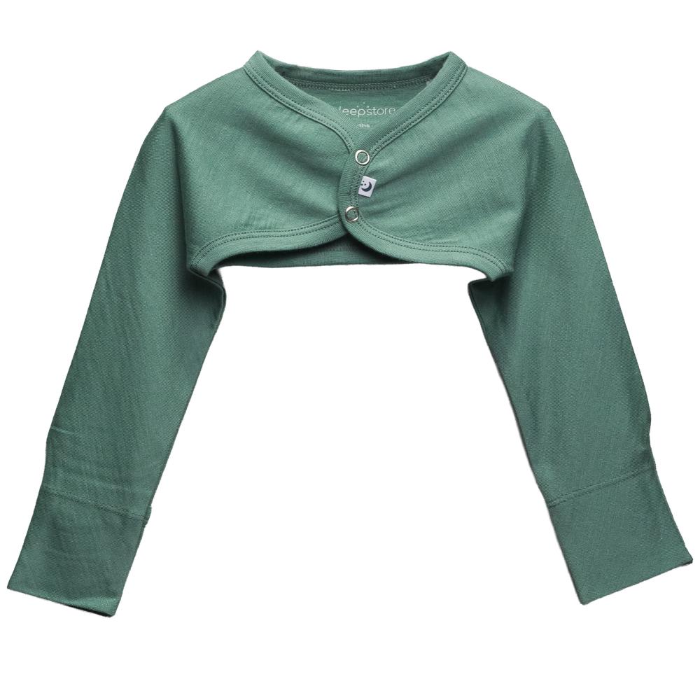 A clearcut image, front view of The Sleep Store Jersey New Zealand Merino Wool Cosy Arms in Thyme.