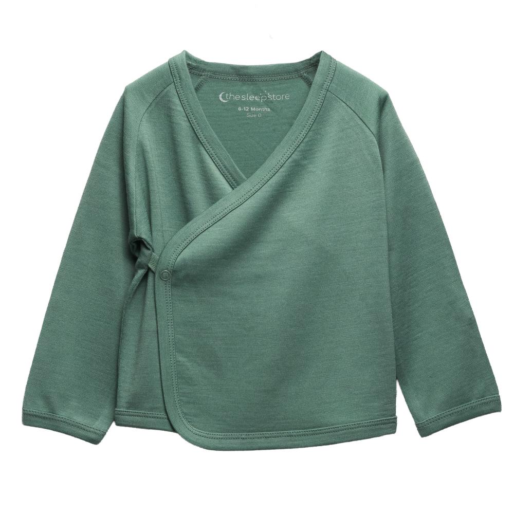 Jersey New Zealand Merino Wool Kimono Cardigan in a green "thyme" colour