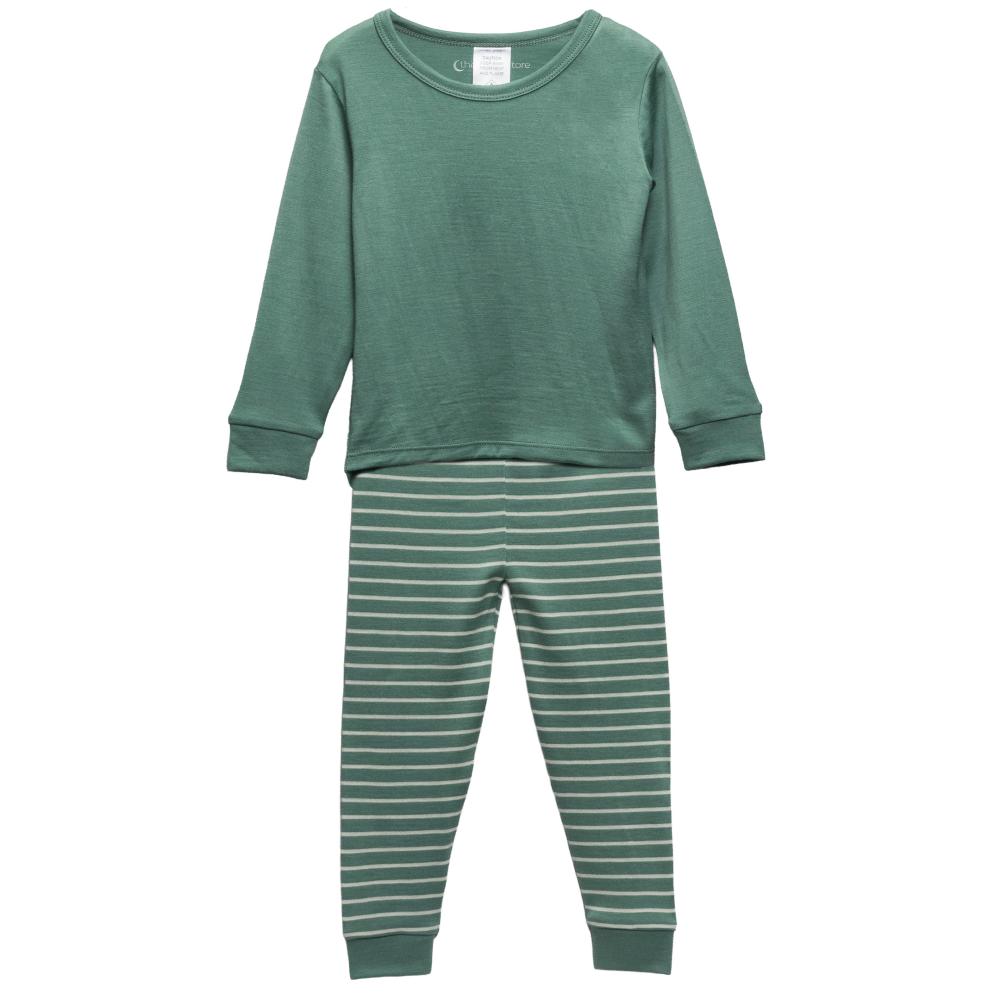 The Sleep Store Jersey New Zealand Merino Wool Pyjamas with thyme green top and striped pants