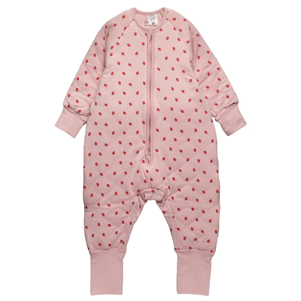 A clearcut image of the sleeved Organic Cotton 3.0 tog Sleep Suit in blush strawberries. A pink base colour with a strawberry all over print.