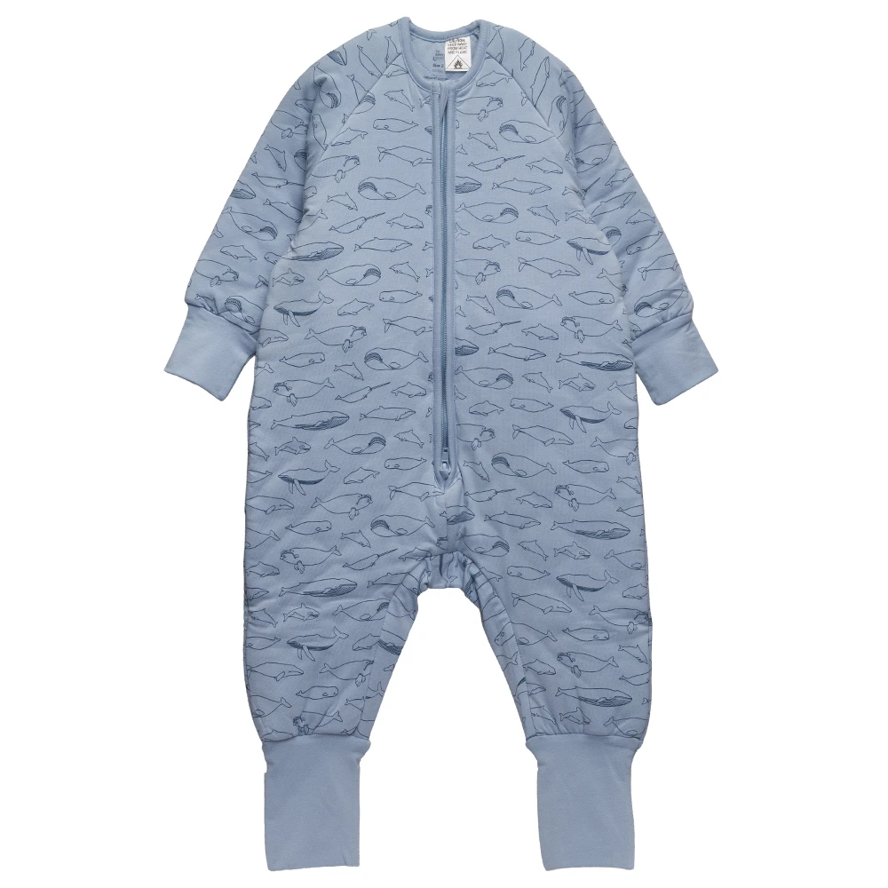 A clearcut image of the sleeved Organic Cotton 3.0 tog Sleep Suit in Blue Whales. A Blue base colour with a whales all over print.