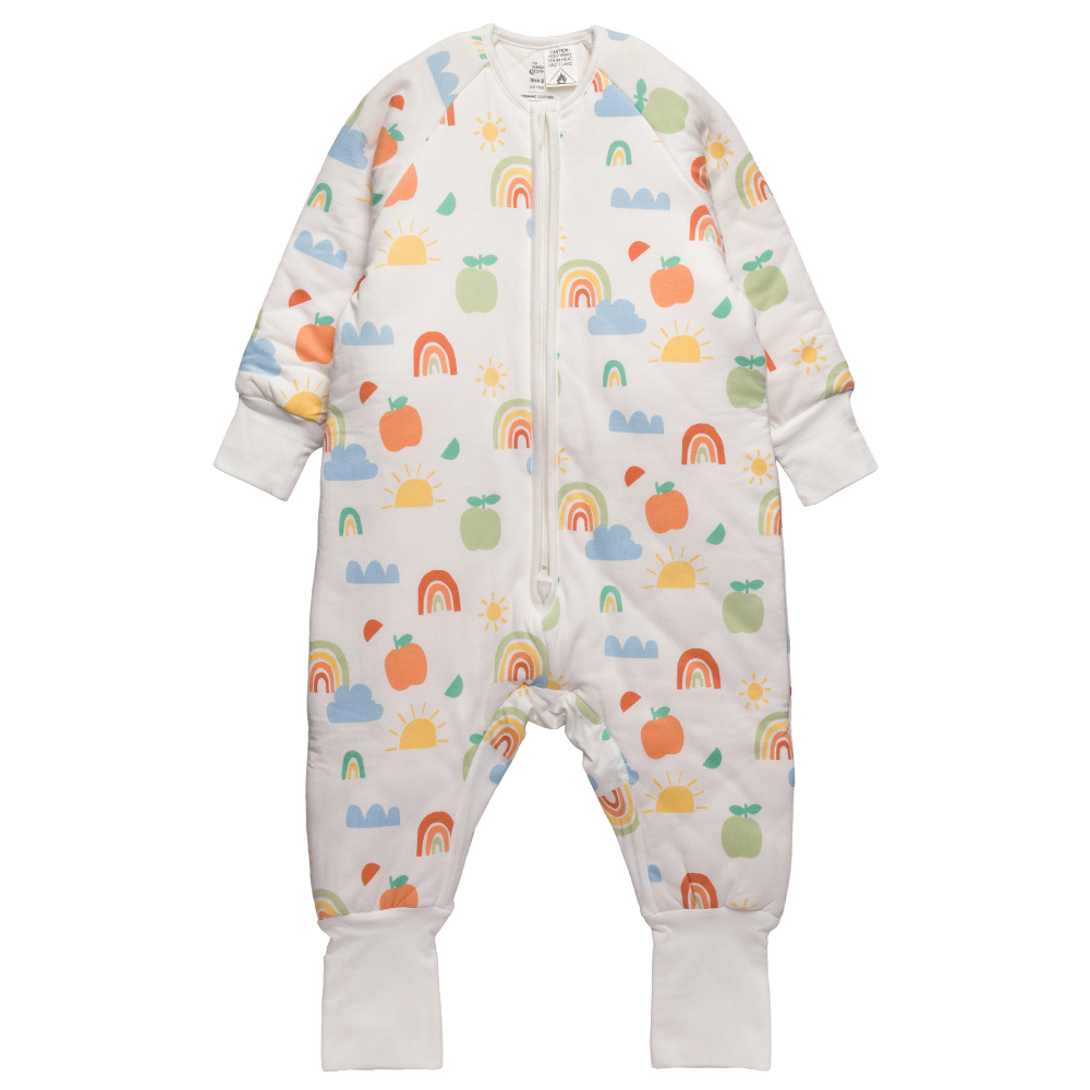 A clearcut image of the sleeved Organic Cotton 3.0 tog Sleep Suit in Sunny Days. A Cream base colour with a colourful rainbows and fruits all over print.