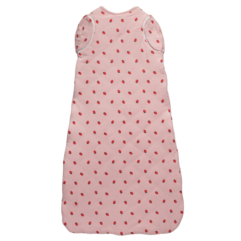 A clearcut image showing the back of The Sleep Store Organic Cotton 3.0 tog Swaddle Bag in Blush Strawberries. Pink in colour with a strawberry all over print.