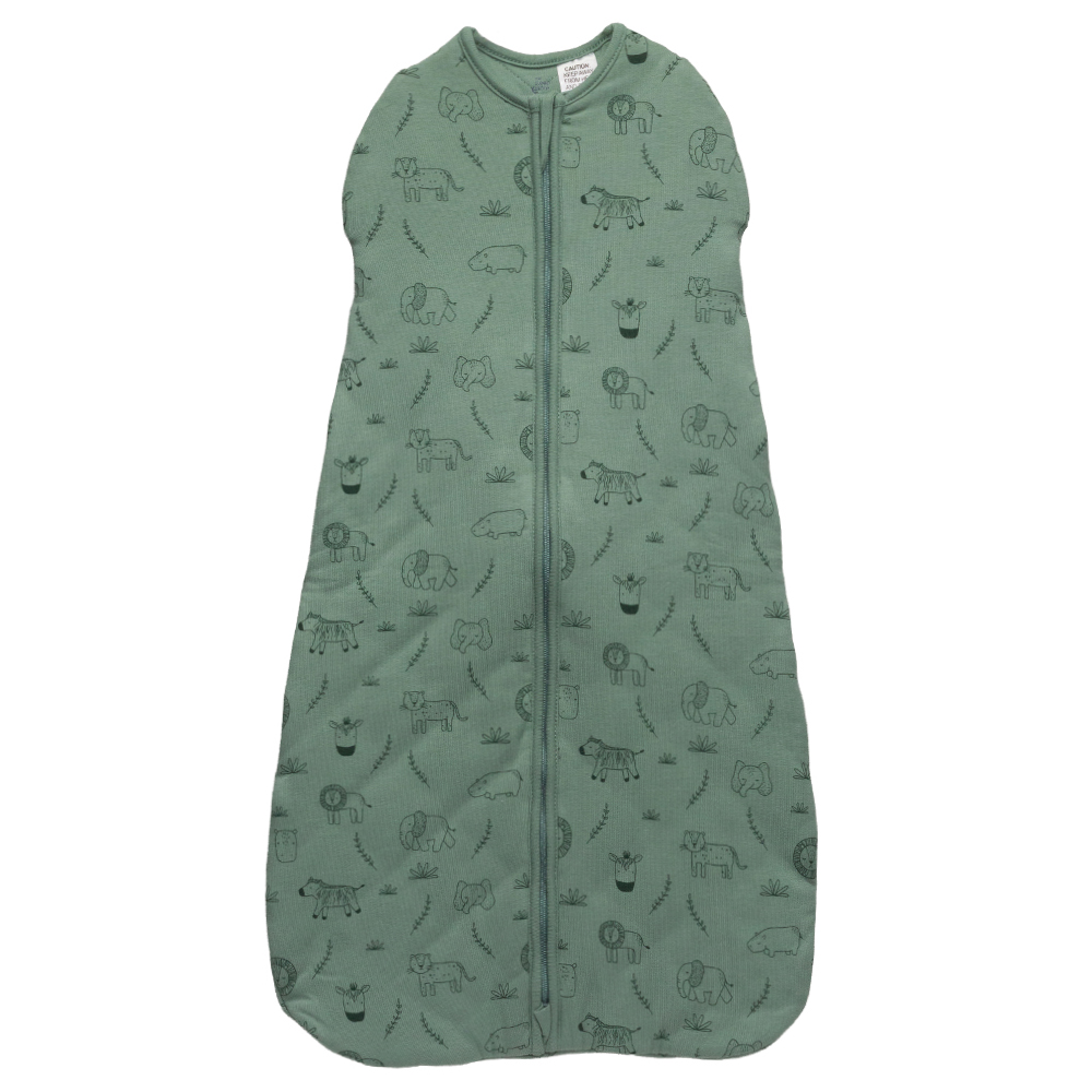 A clearcut image showing the front of The Sleep Store Organic Cotton 3.0 tog Swaddle Bag in Fern Safari. Green in colour with an animals all over print.