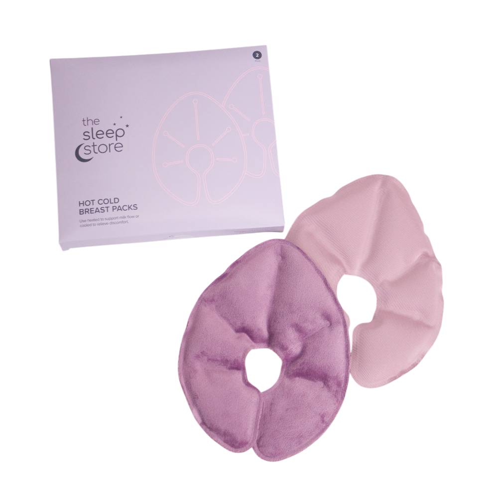 A clearcut of The Sleep Store Hot Cold Breast Packs with packaging in the top left corner.