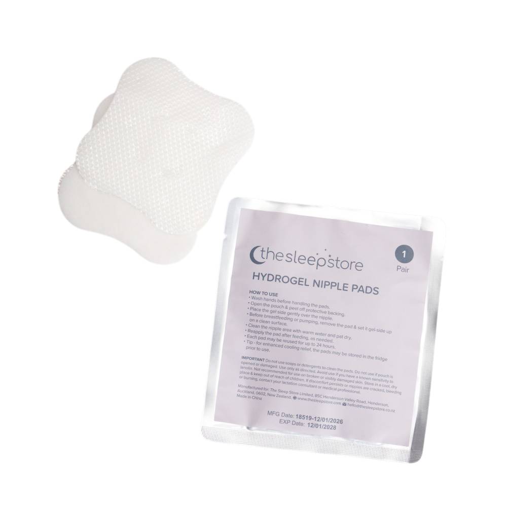 A clearcut image of 2 x Sleep Store Hydrogel Nipple Pads with the packaging on the right hand bottom corner.