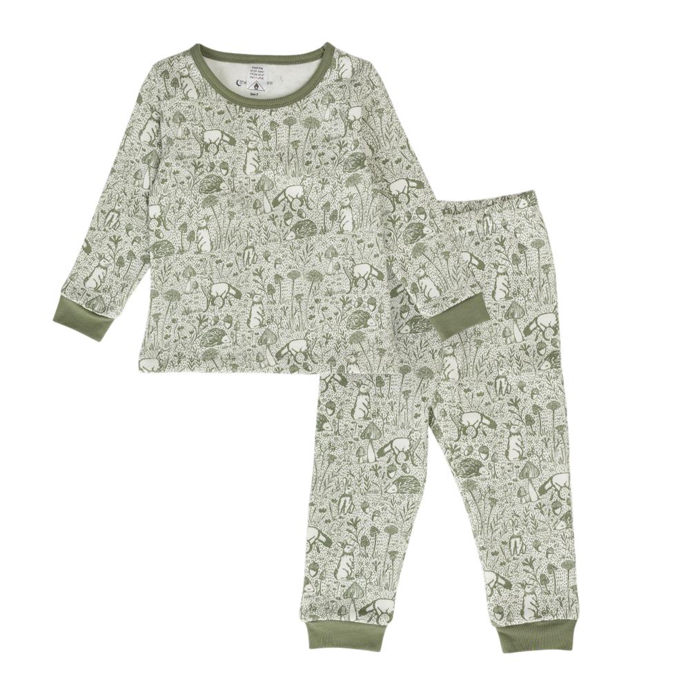 A clearcut image of The Sleep Store Premium Winter Organic Cotton Fleece Long Pyjama Set, consisting of a top and pants in the colourway Green Woodland. A Green Woodland design.