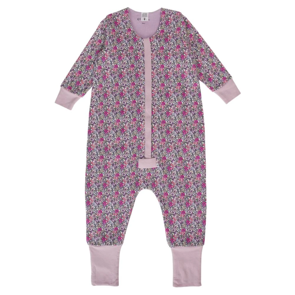 A clearcut image of The Sleep Store Premium Winter Cotton & Merino Front Zip Sleeping Suit in the colourway Blush Garden. A purple and pink floral design.