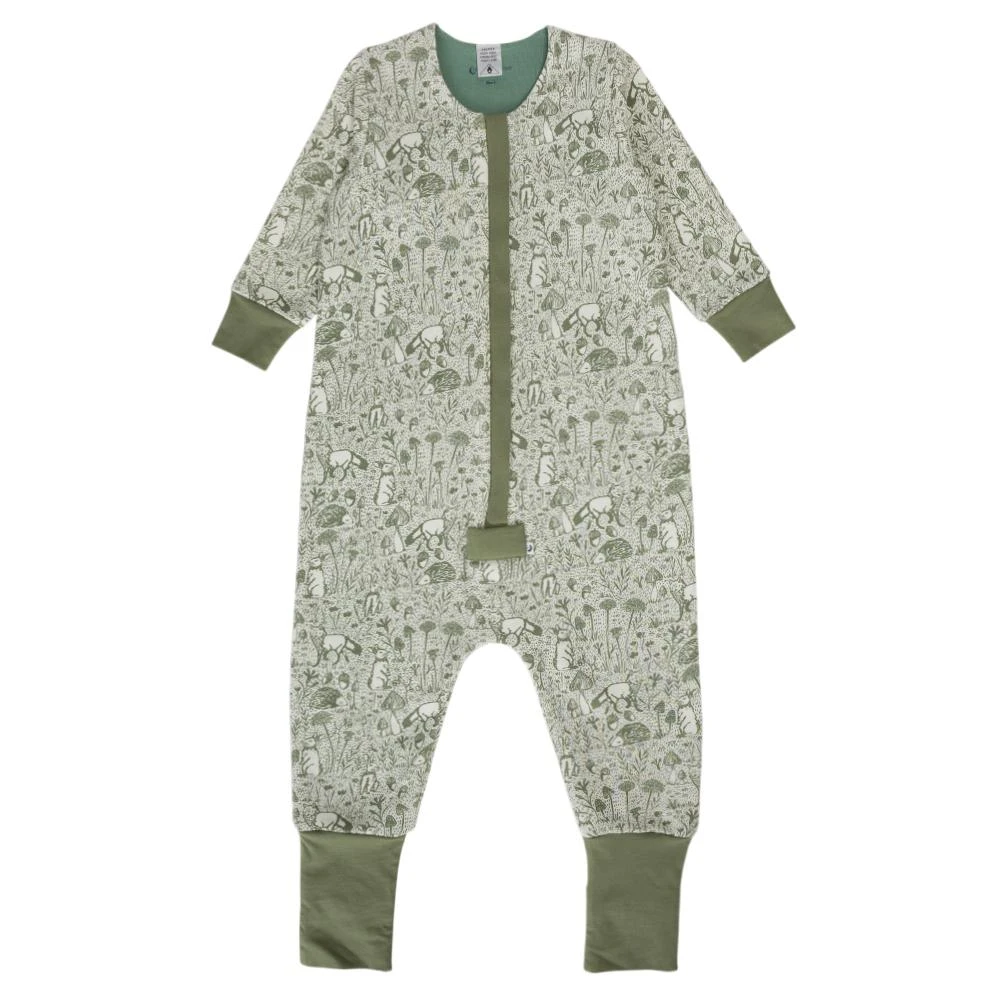 A clearcut image of The Sleep Store Premium Winter Cotton & Merino Front Zip Sleeping Suit in the colourway Green Woodland. A green woodland inspired design.