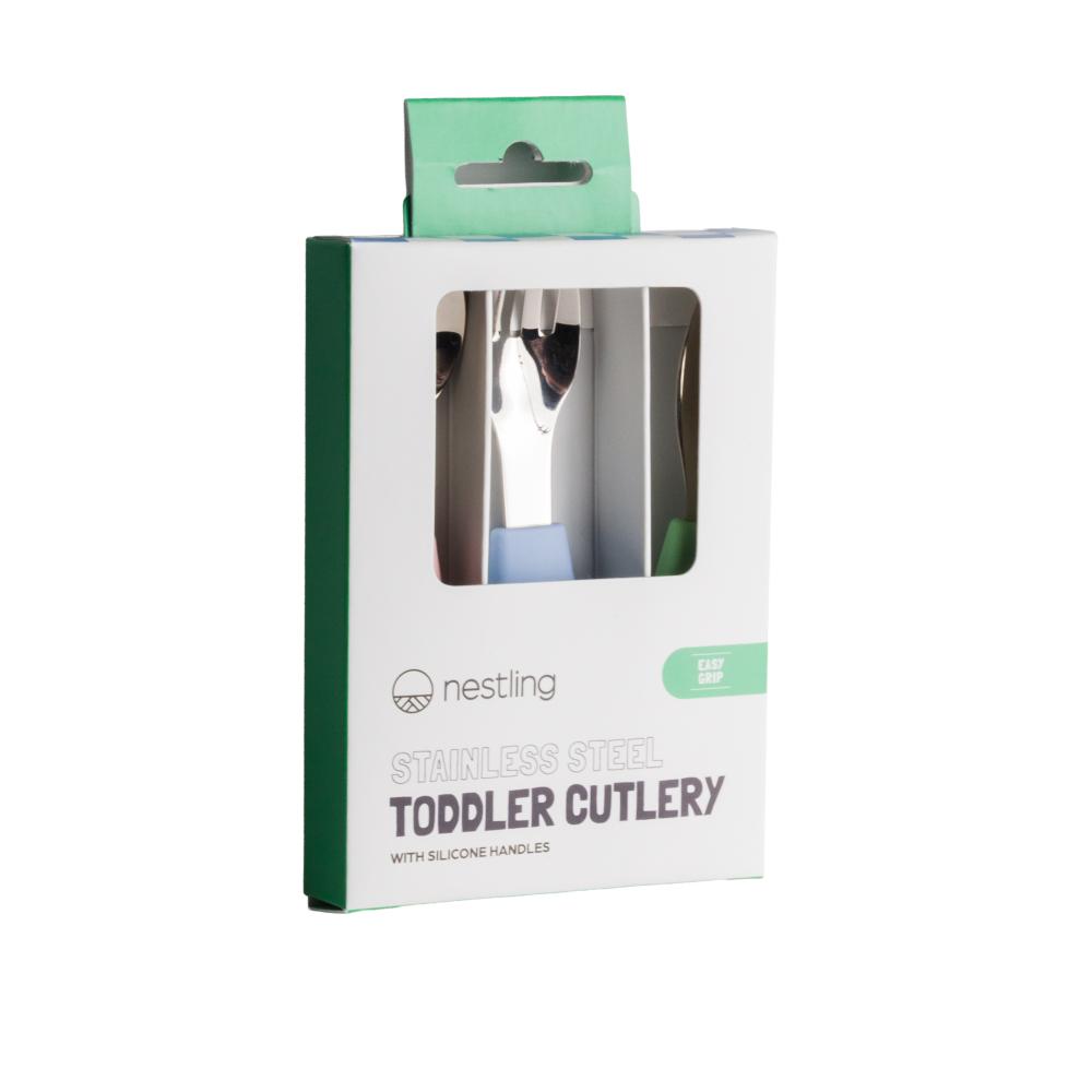 A package shot of the Nestling Toddler Cutlery 3pk.