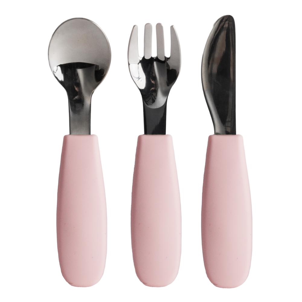 A clearcut image of the Nestling Toddler Cutlery 3pk. A stainless steel and silicone set - spoon, fork and knife - in the Dusty Pink colour.