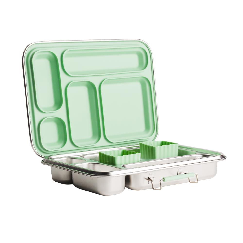 The Nestling Silicone Bento Cups inside the Nestling Bento Box in the colour Sage.