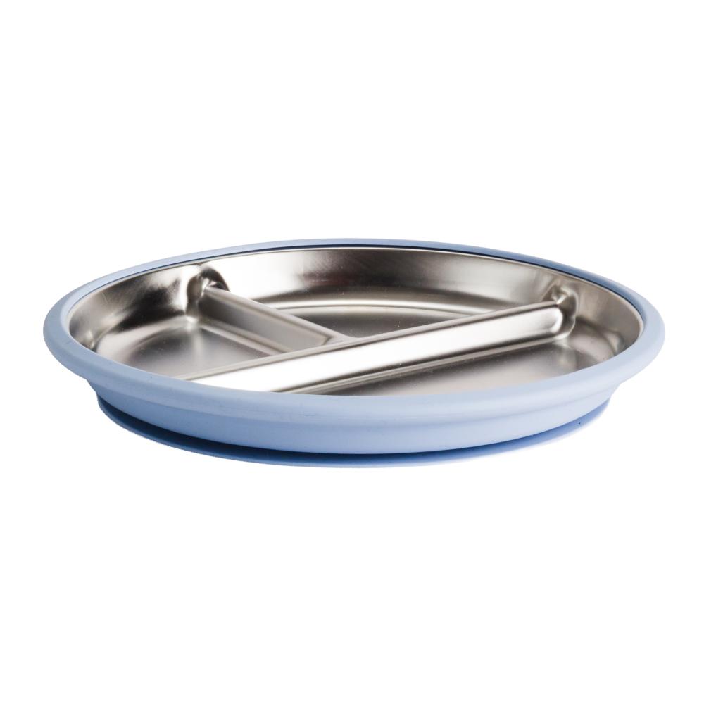 A clearcut image of the Nestling Stainless Steel 20cm Divided Suction Plate in the colour Dusty Blue.