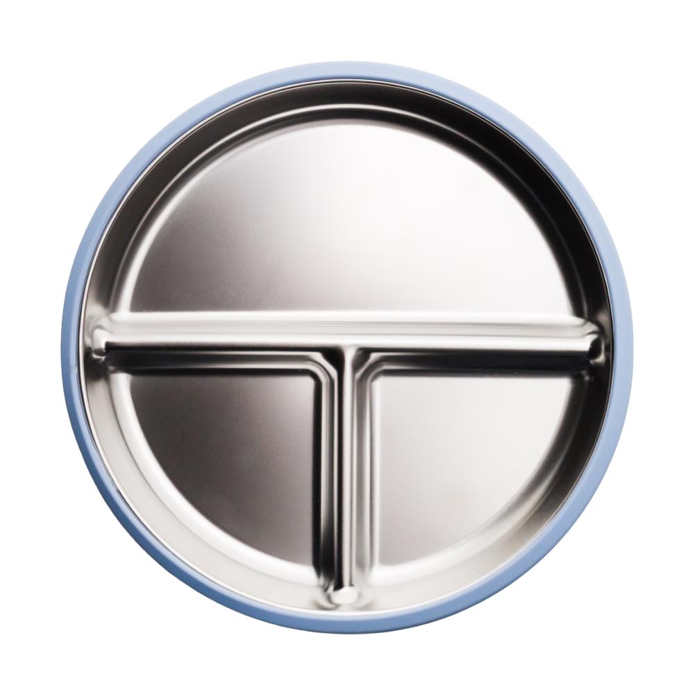 A clearcut image of the Nestling Stainless Steel 20cm Divided Suction Plate in the colour Dusty Blue. This shows the divided sections of the plate.