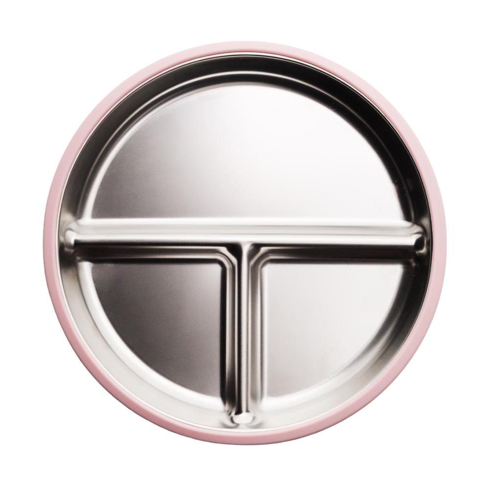 A clearcut image of the Nestling Stainless Steel 20cm Divided Suction Plate in the colour Dusty Pink. This shows the divided sections of the plate.