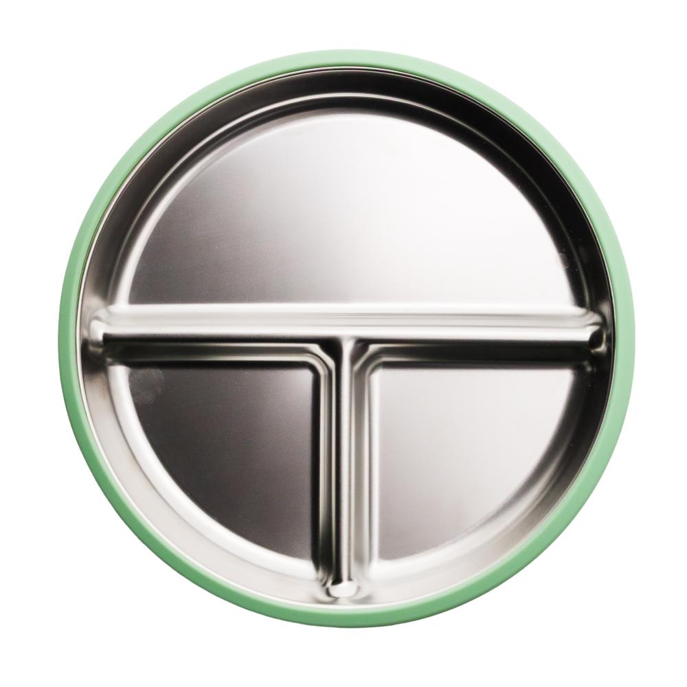 A clearcut image of the Nestling Stainless Steel 20cm Divided Suction Plate in the colour Sage. This shows the divided sections of the plate.
