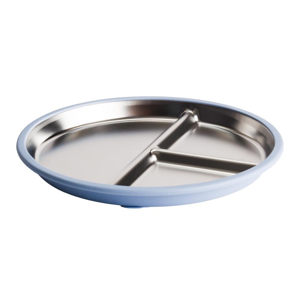 A clearcut image of the Nestling Stainless Steel 23cm Divided Suction Plate in the colour Dusty Blue.