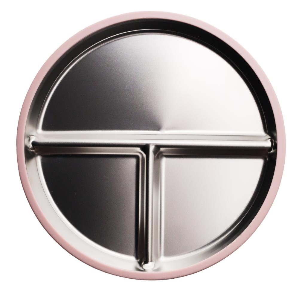A clearcut image of the Nestling Stainless Steel 23cm Divided Suction Plate in the colour Dusty Pink. This image shows the divided section of the plate.