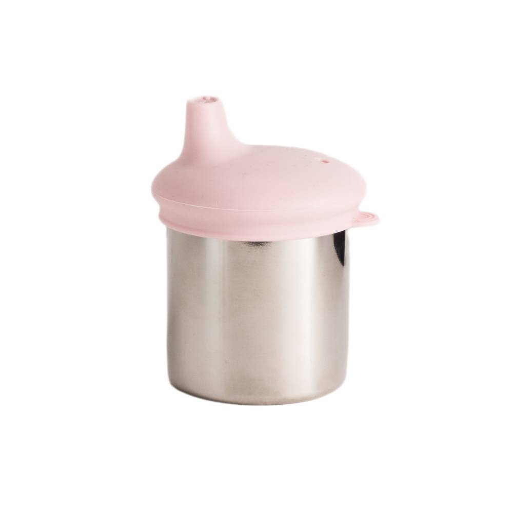 The Nestling Stainless Insulated Sip & Straw Cup in the Dusty Pink colour. The cup has the sipper lid attached.