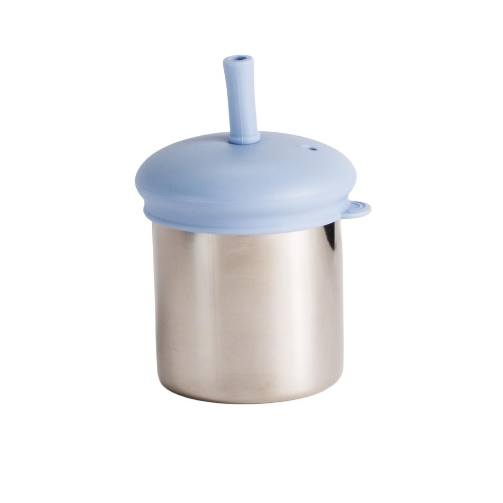 The Nestling Stainless Insulated Sip & Straw Cup in the Dusty Blue colour. The cup has the straw lid and straw attached.