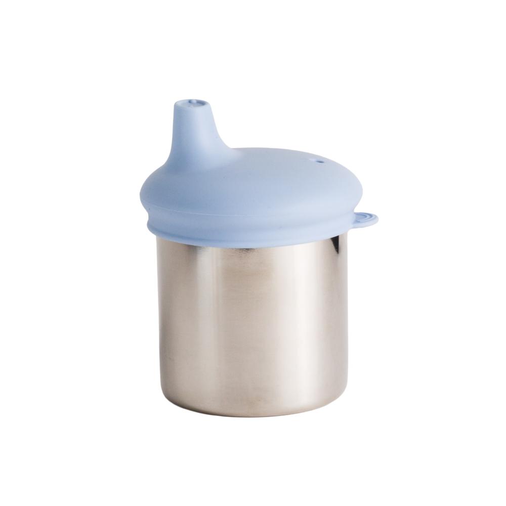 The Nestling Stainless Insulated Sip & Straw Cup in the Dusty Blue colour. The cup has the sipper lid attached.