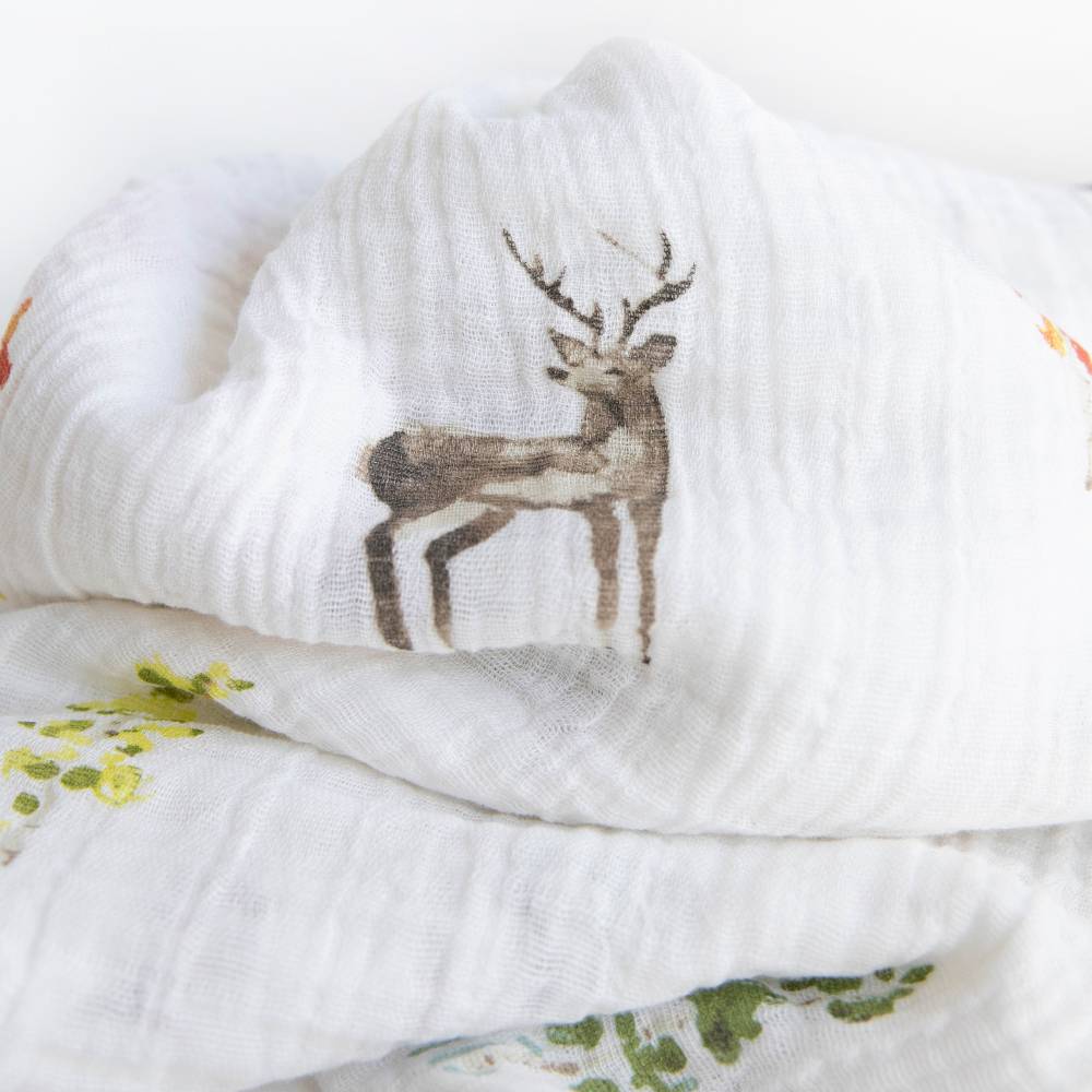 Supersoft cotton muslin swaddle by Little Unicorn in a hand-painted Oh Deer design