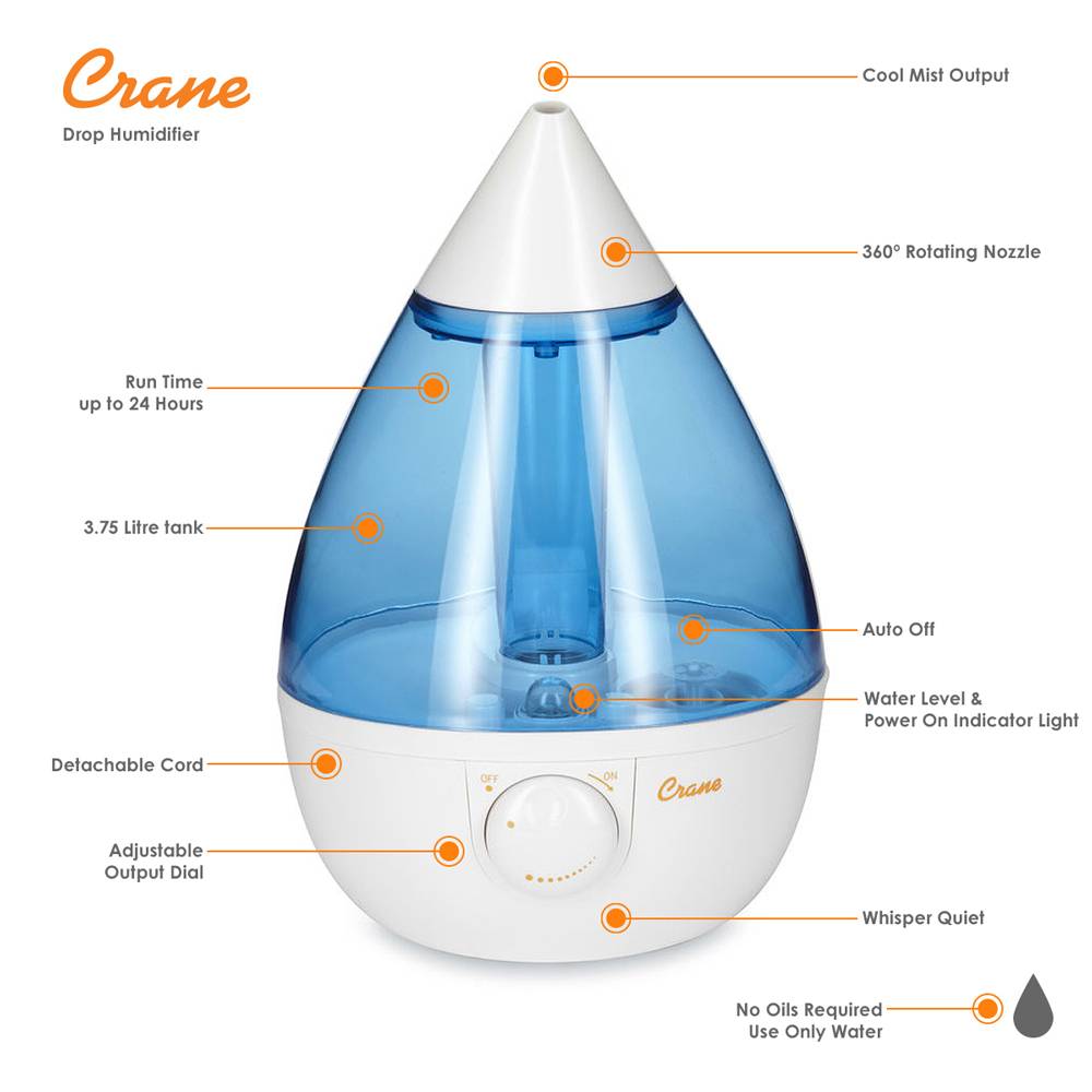 Crane Drop Cool Mist Humidifier, Filter-Free 3.75L